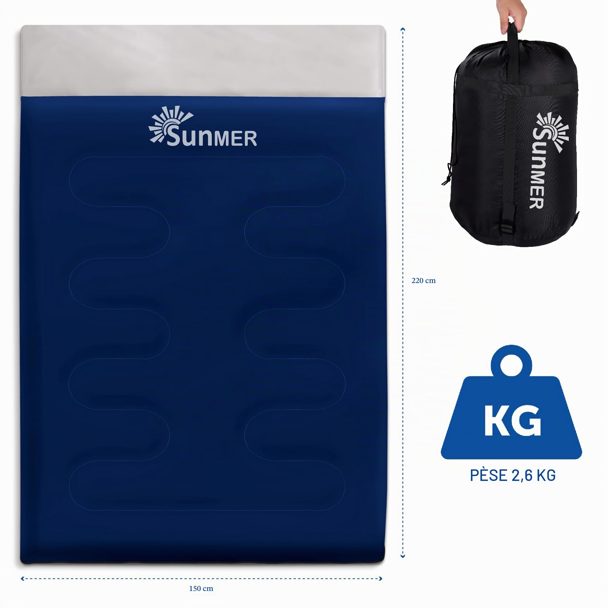 SUNMER Sac de Couchage Double - King Size - 300 g/m² - 3-4 Saisons - Se transforme en 2 Sacs de Couchage Simples - Idéal pour Le Camping et la randonnée - Imperméable - Bleu Marine