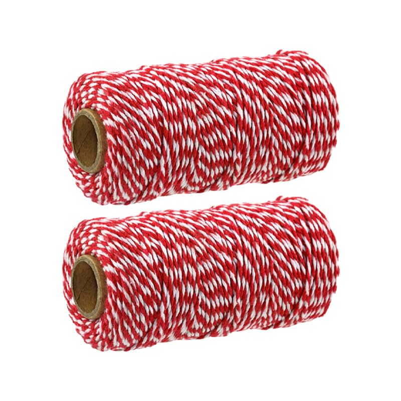LannuMet 2MM Thick White&Red Twine Wrapping String for Christmas Decoration,Gift Packaging,Baking,Handicrafts,2 Rolls,Total 656 feet