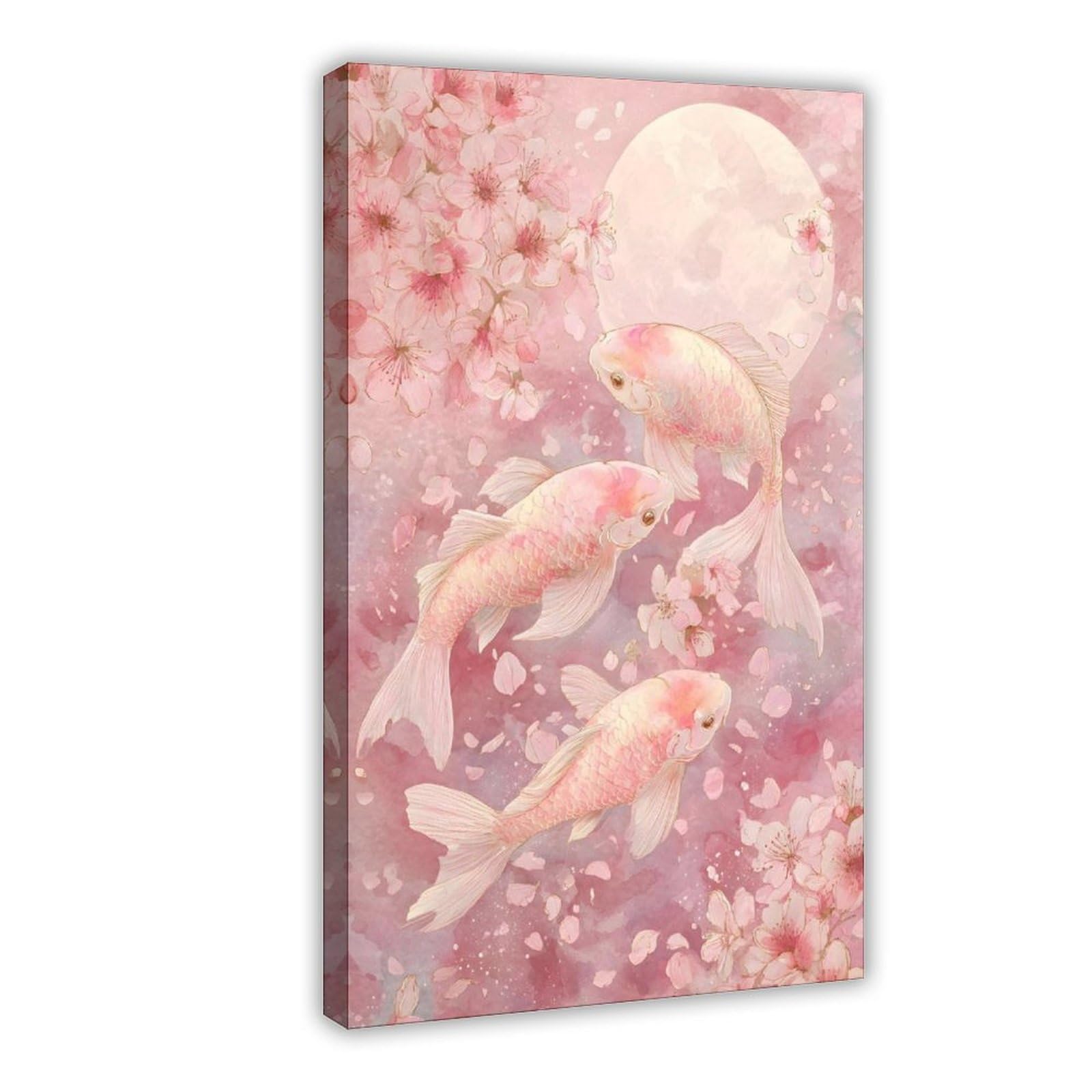 Fvkfvk Frame-Style Pink Cherry Blossom Koi Pastel Canvas Poster For Dorm Room Decor Gift
