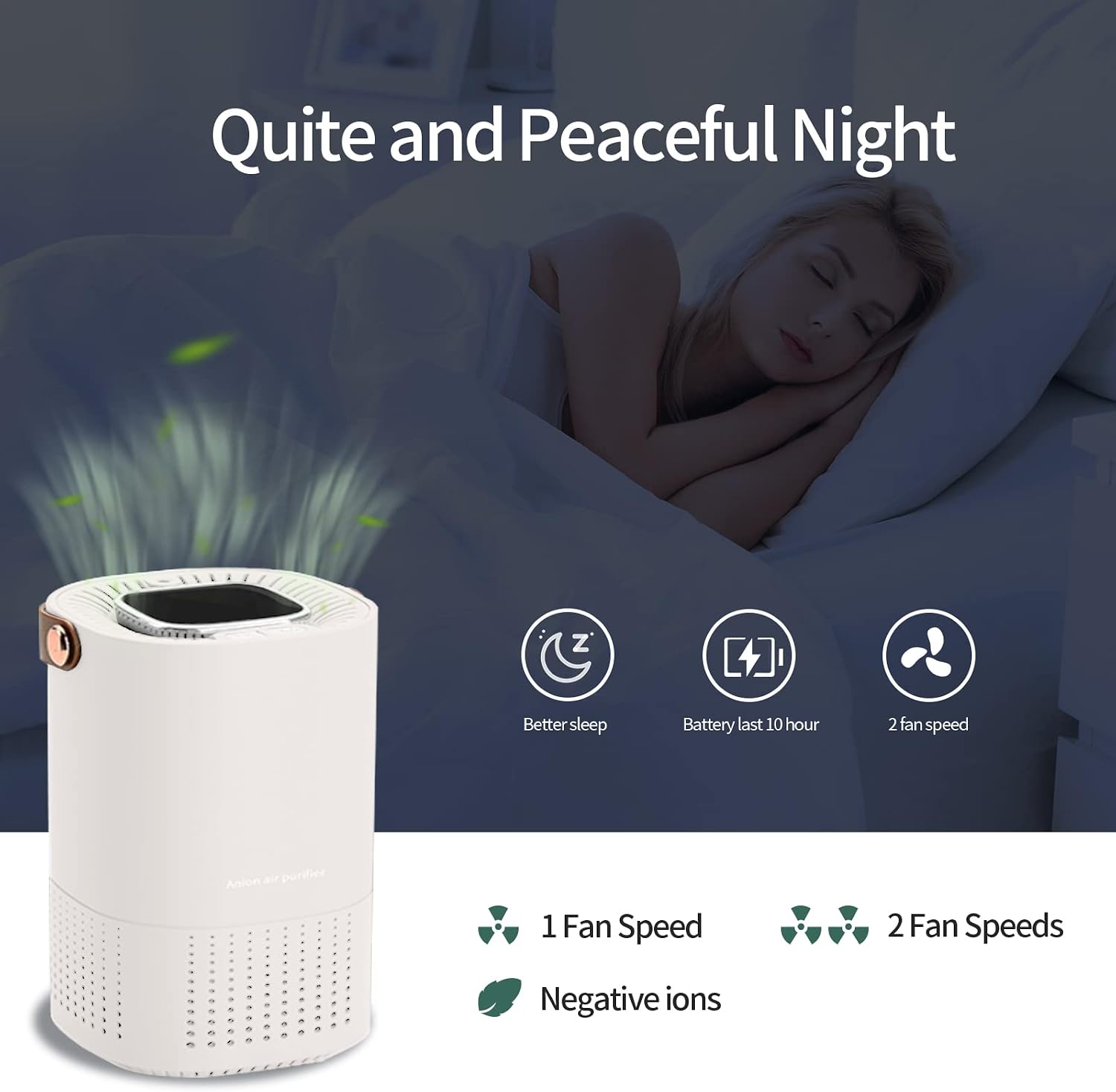 Generic A8 Portable Air Purifier operating quietly in a bedroom, highlighting features like quiet operation, 10-hour battery life, and two fan speeds.