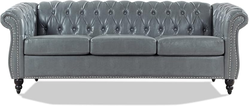 Chesterfield Sofa,Grey 3 Seater Sofas,Button Tufted Faux Leather Couch for Living Room Bedroom Office