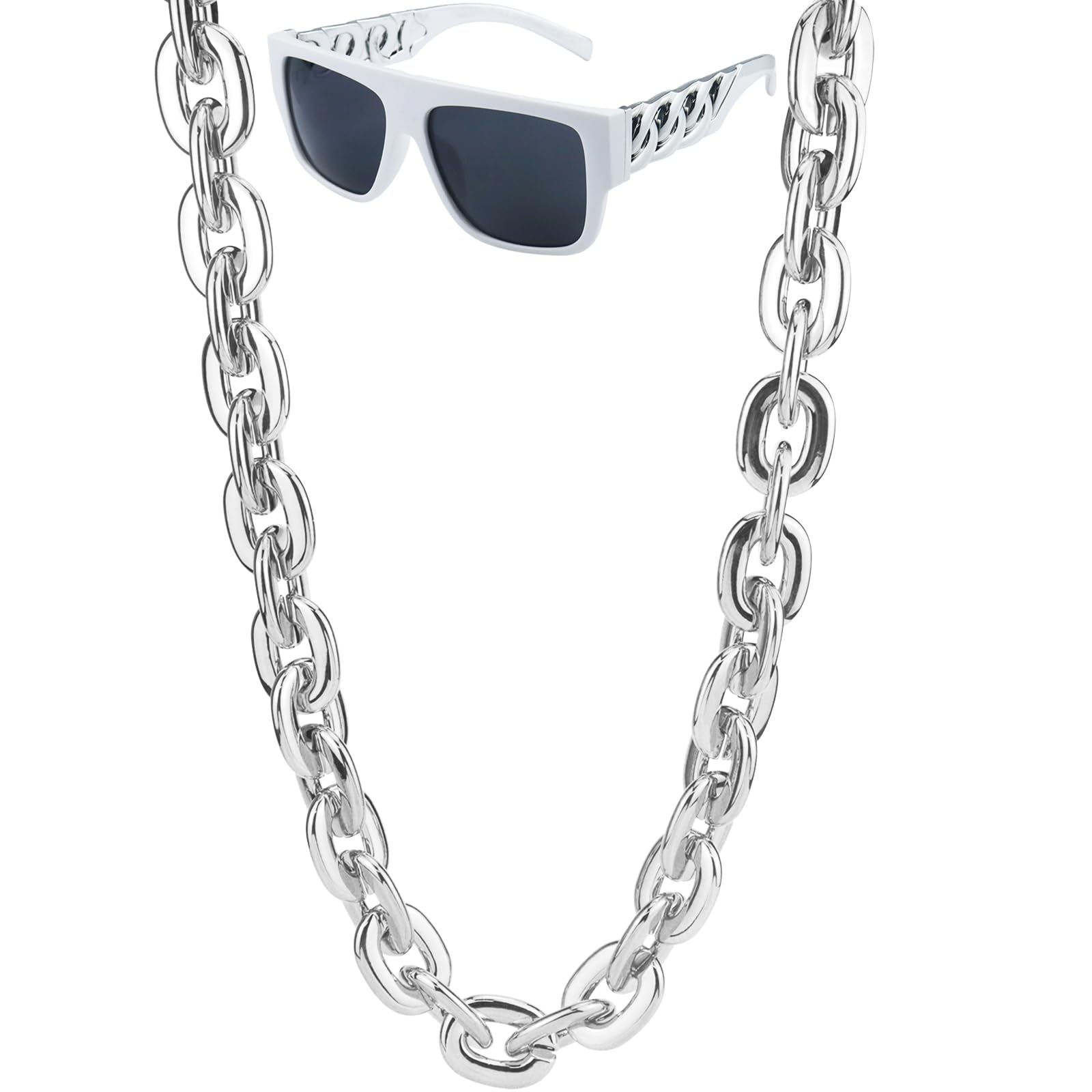 Riuziyi 40inch/101cm Big Chunky Fake Gold Chain with Twist Leg Punk Sunglasses, Hip Hop Rapper Costume Plastic Jewelry Necklace, 2Pack 80s 90s Party Costume Accessory for Men Women