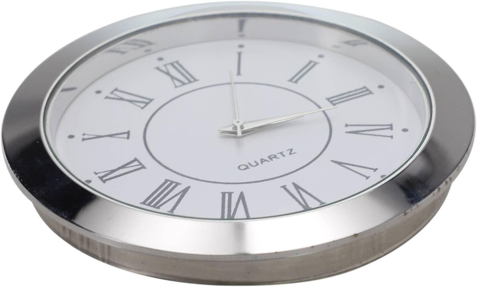 Round Quartz Clock Insert 50mm with Gold or Silver Tone Bezel-,Roman- or Arabic Numeral Dial-, Mini- Clock Insert for Crafts, Decorative Projects, Replacement- Movement(silver Roman)