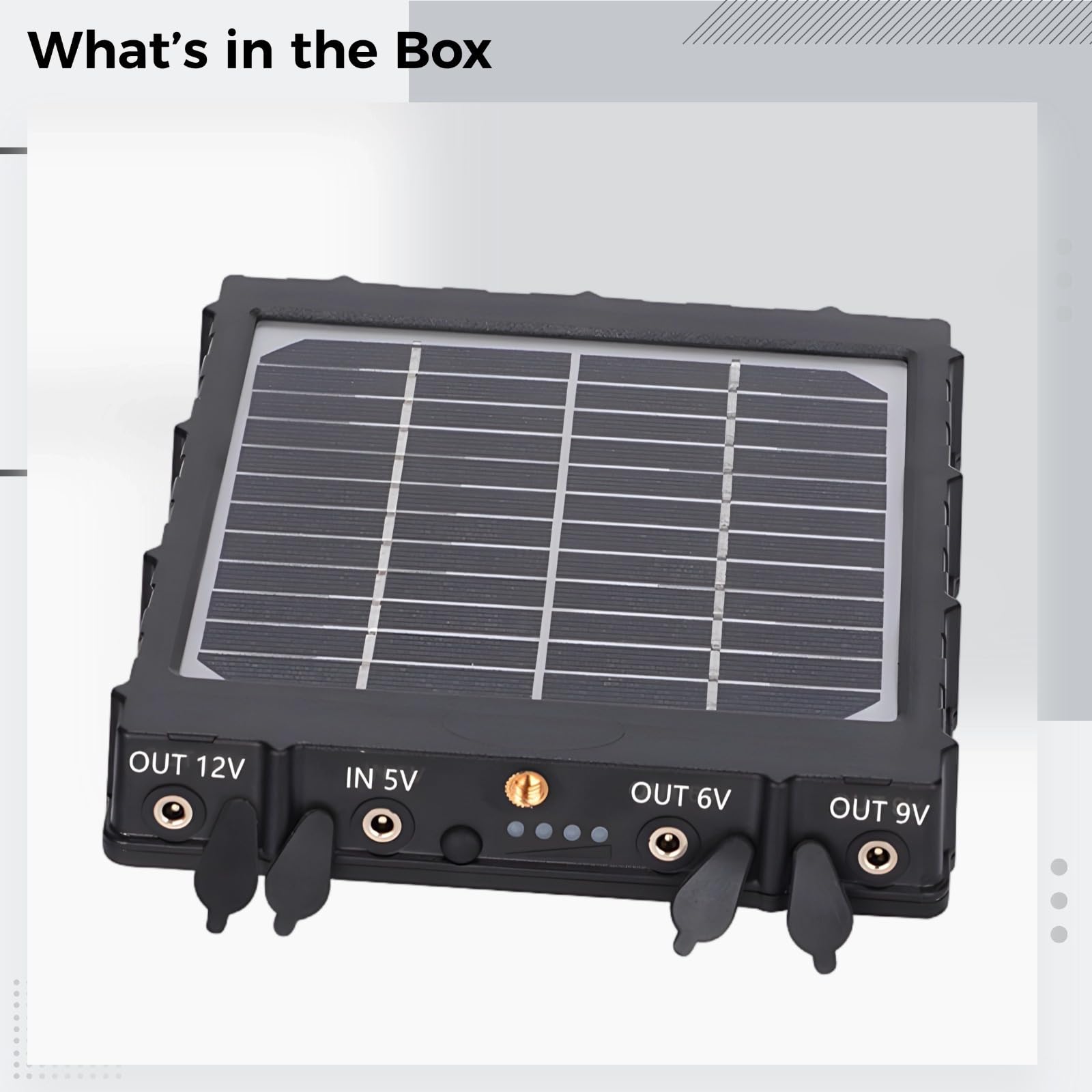 Alimentatore solare per telecamere da trail, batteria 8000 mAh, uscita 12 V 9 V 6 V, costruzione in ABS, ricarica in 5 ore, pronto per l'uso all'aperto