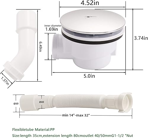 Miniatura 3 de Desagüe lateral de trampa P de perfil bajo de 90 grados, salida lateral de 1.5 pulgadas, montaje de drenaje para drenaje de base de ducha de