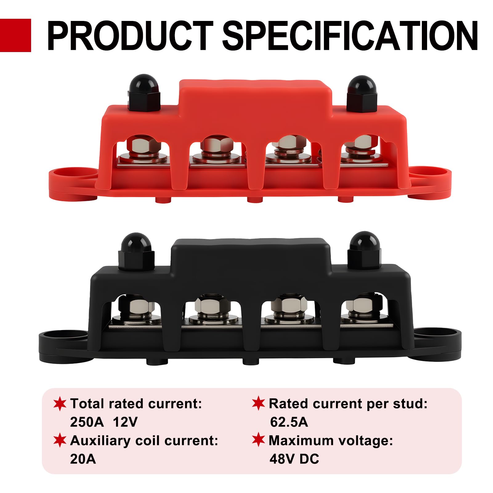 2 piezas 12 V-48 V Barra de distribución de alimentación, 250 A Bloque de terminales eléctrico con 4 x M10 pernos de terminal, bloque de distribución DC, barra colectora M8 con tapa (rojo y negro)