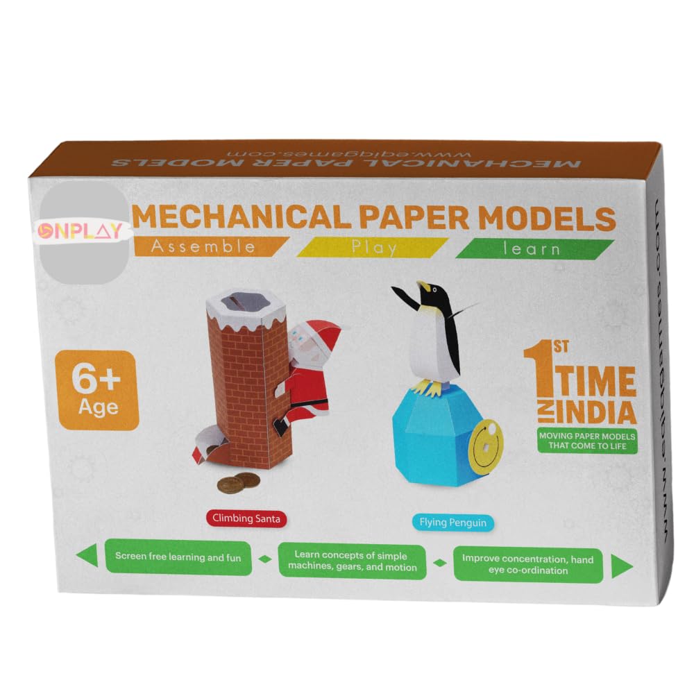 OnPlay 2-in-1 Christmas Gift. Make Moving Paper Models of Santa Climbing, and Flying Penguin. Ideal Gift for Girls Boys Age 6, 7, 8, 9 Years Old & Above