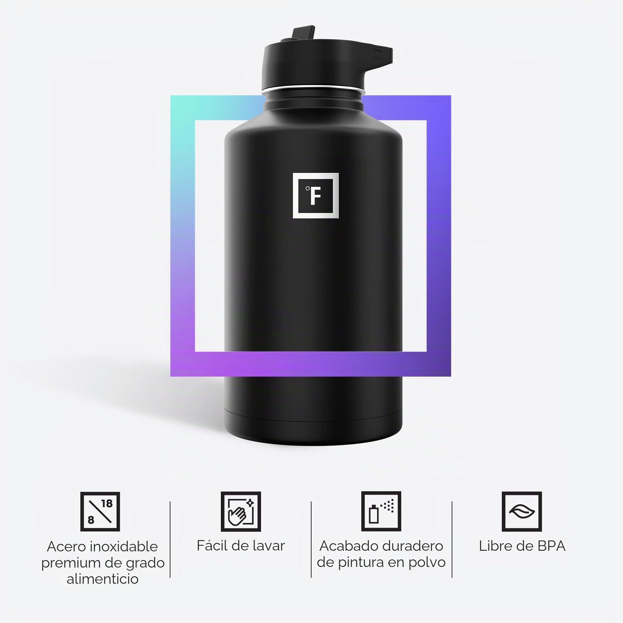 Iron Flask - Botella de agua deportiva de 64 onzas, 3 tapas (tapa con pajilla), acero inoxidable aislado al vacío, moderna de doble pared, taza térmica simple, Hydro Metal | Botella de agua aislada de medio galón con 3 tapas a prueba de fugas, sin BPA, fr