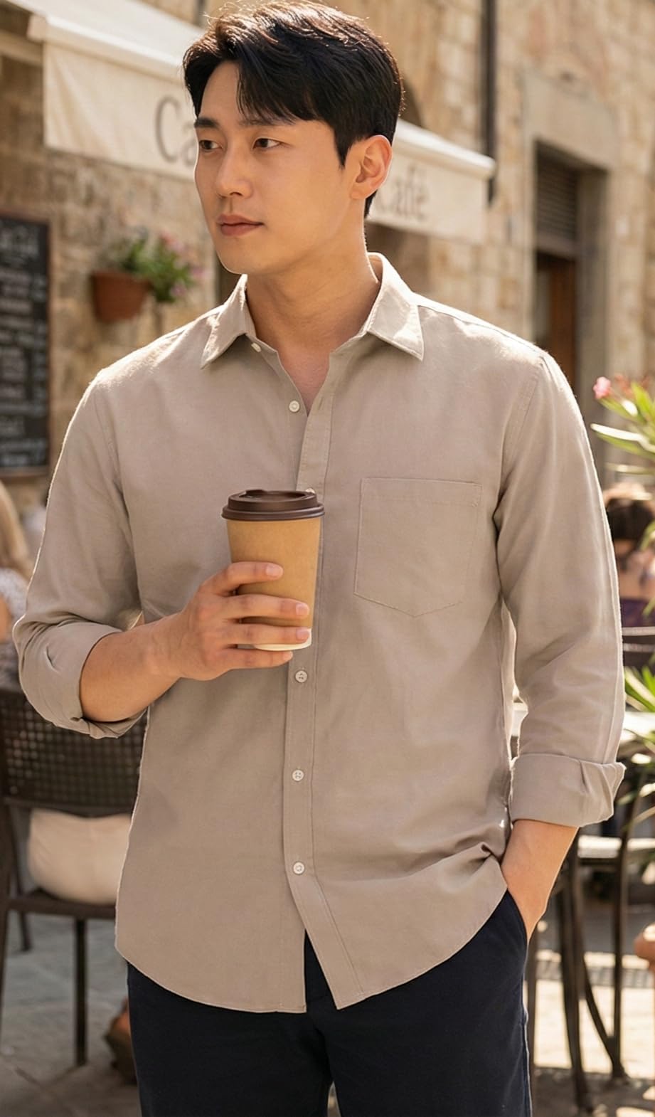 Men's Long Sleeve Dress Shirt,Dark Beige,Button Down, Chest Pocket, Casual Formal Wear-picture-52