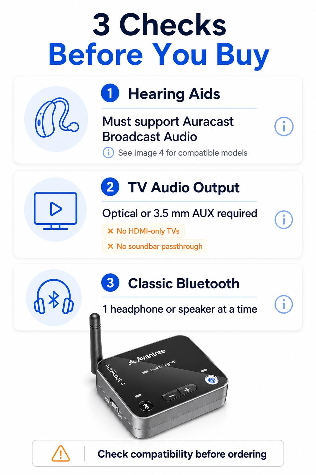 Avantree Audikast 4T - Trasmettitore TV Auracast per apparecchi acustici selezionati | Per apparecchi acustici e cuffie Auracast selezionati, con ingressi Bluetooth 5.4, aptX Adaptive, aptX HD, ottici e AUX