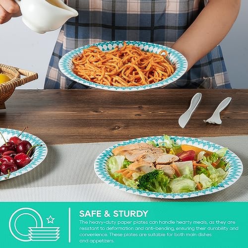 Jolly Party 8.37 Inch Disposable Paper Plates, 360 Count Dinner Paper Plates, Soak-Proof Disposable Plates, Cut-Proof Paper Plates For Everyday Use, Blue Diamond Pattern Rim Design #TOP2