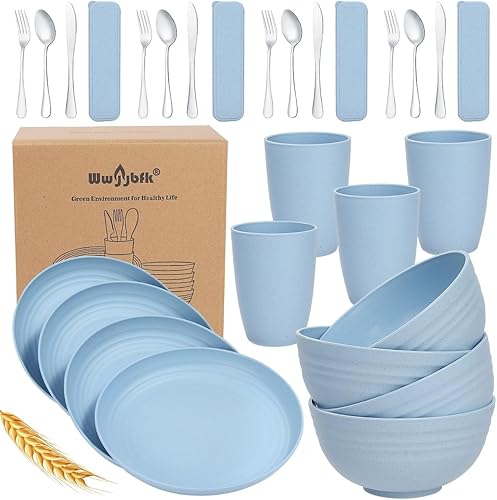 Juego de vajilla de paja de trigo de 28 piezas para 4, juegos de platos y cuencos de paja de trigo de cocina, vajilla para dormitorio universitario