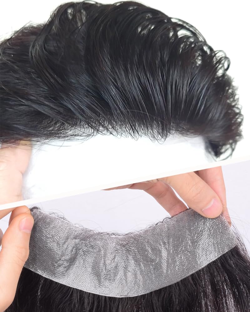 Toupee Pezzo di capelli frontali Capelli umani Pelle sottile Attaccatura dei capelli da uomo Forma a V per uomo (4x18 cm, natural color)