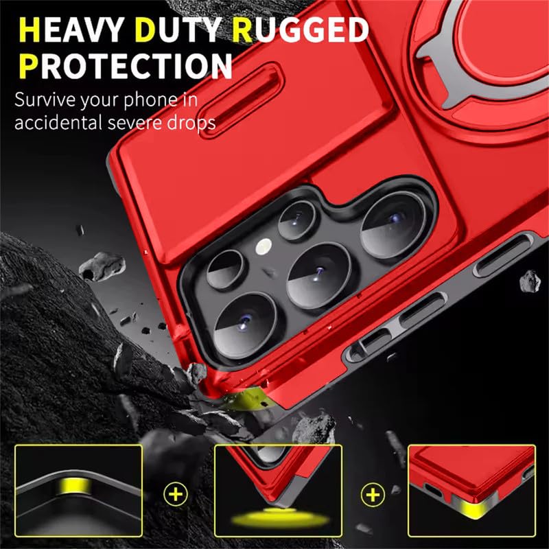 Image of LuxuryKase Shockproof Rugged Case for Samsung Galaxy S25 Ultra | Slide Camera Cover | 360 Rotating Ring Kickstand | Military-Grade Protection - Cherry Red