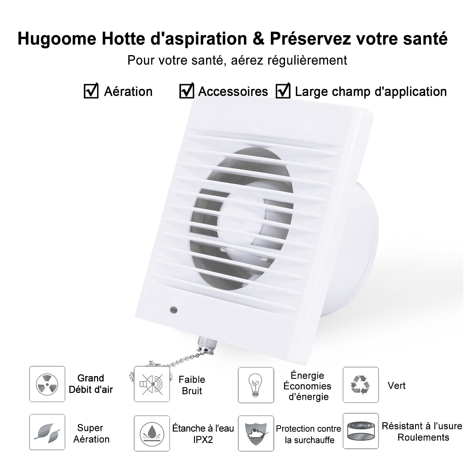 HUGOOME Ventilateur d'extraction 100 mm 12W 130m³/h avec Clapet anti-retour et Interrupteur à chaîne, Ventilateur de Fenêtre et Mural Pour Cuisine Salle de Bain Serre Garage -4 pouces