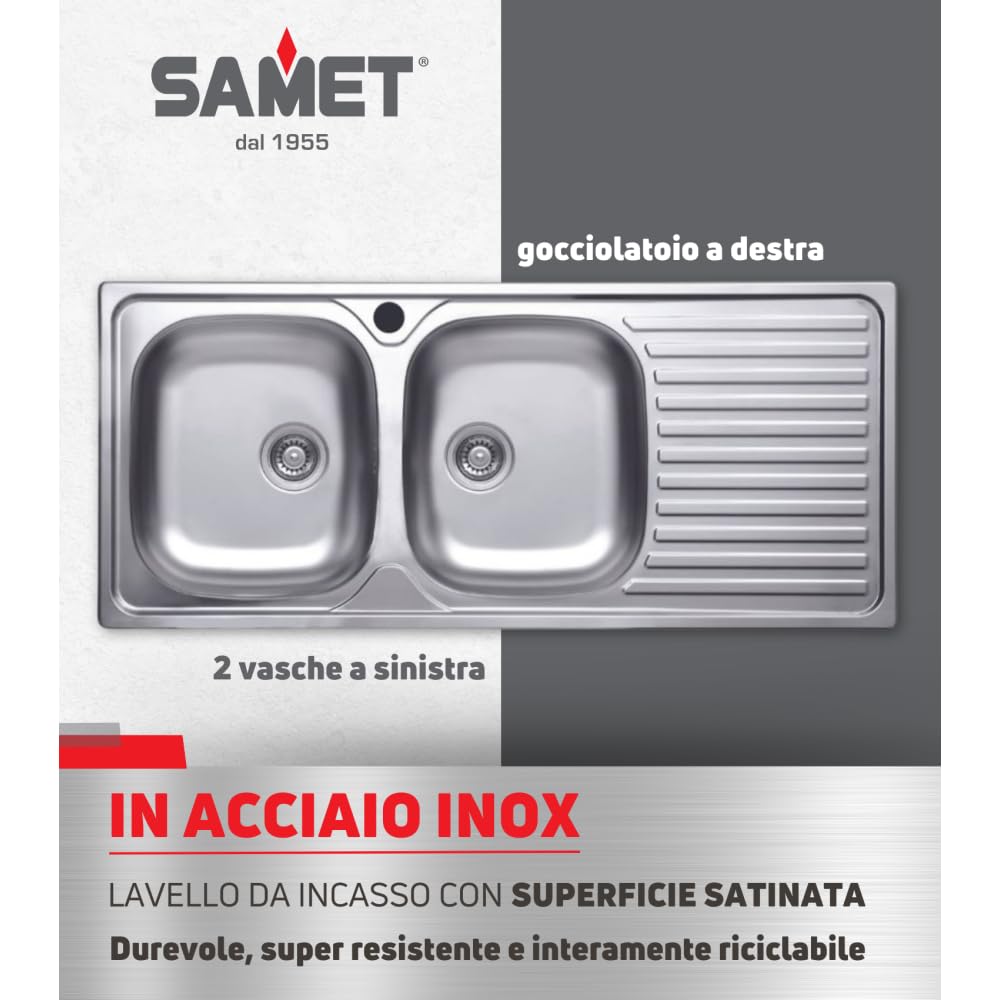 Lavello cucina due vasche acciaio da incasso gocciolatoio a dx 50x116 cm