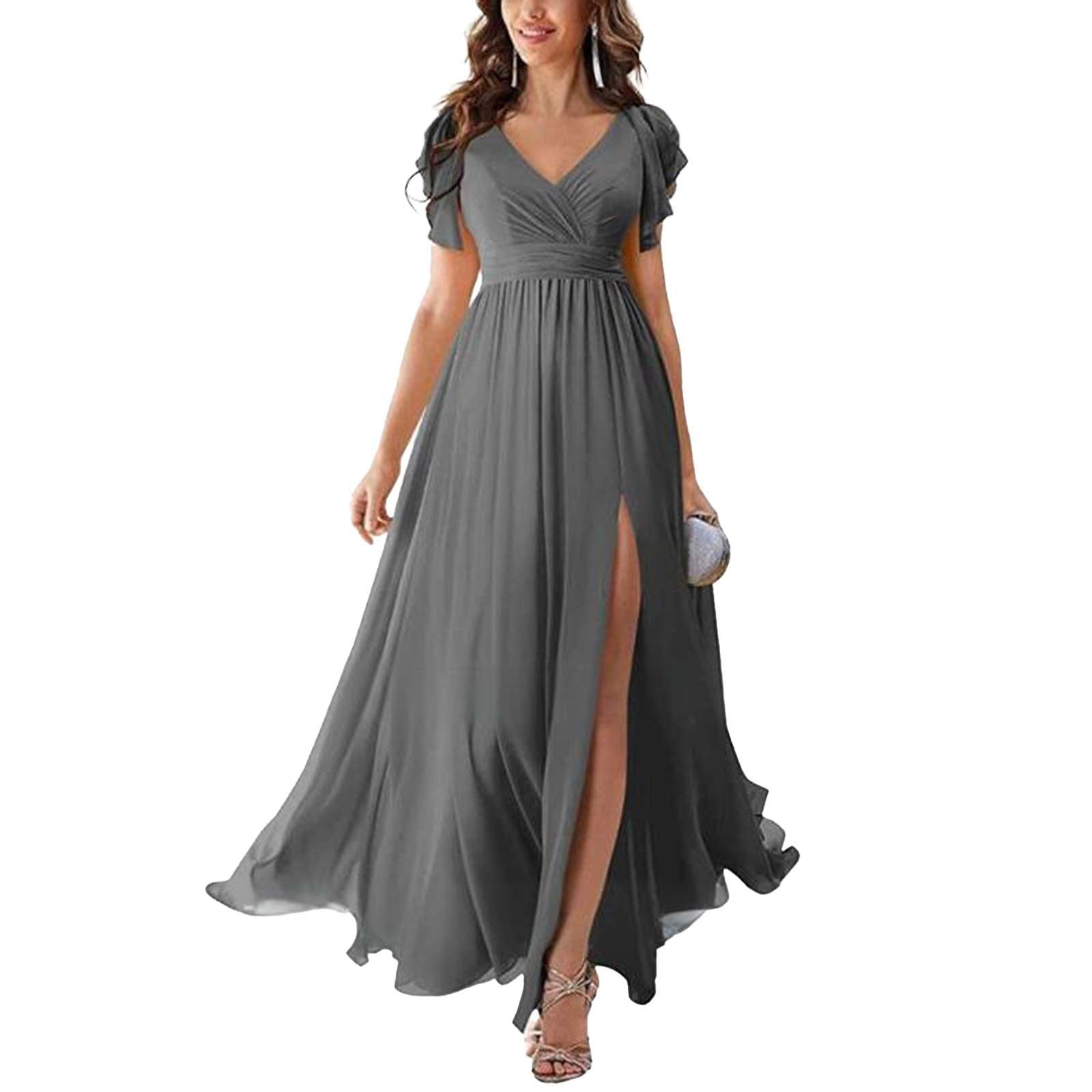 Generisch Kleid Hochzeitsgast Damen - Elegant Lang Chiffon Brautjungfernkleid V-Ausschnitt Schlitz Abendkleid Fließend Abendkleid Curvy Ballkleider Luftig Maxikleid Sommer Romantisch Cocktailkleid