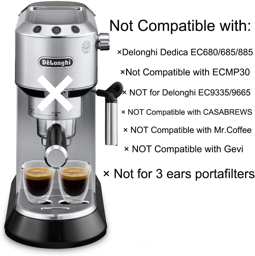 Image showing an incompatible Delonghi Dedica EC680/685/885 machine with a cross mark, indicating it is not compatible with the 51mm 2-ear portafilter.
