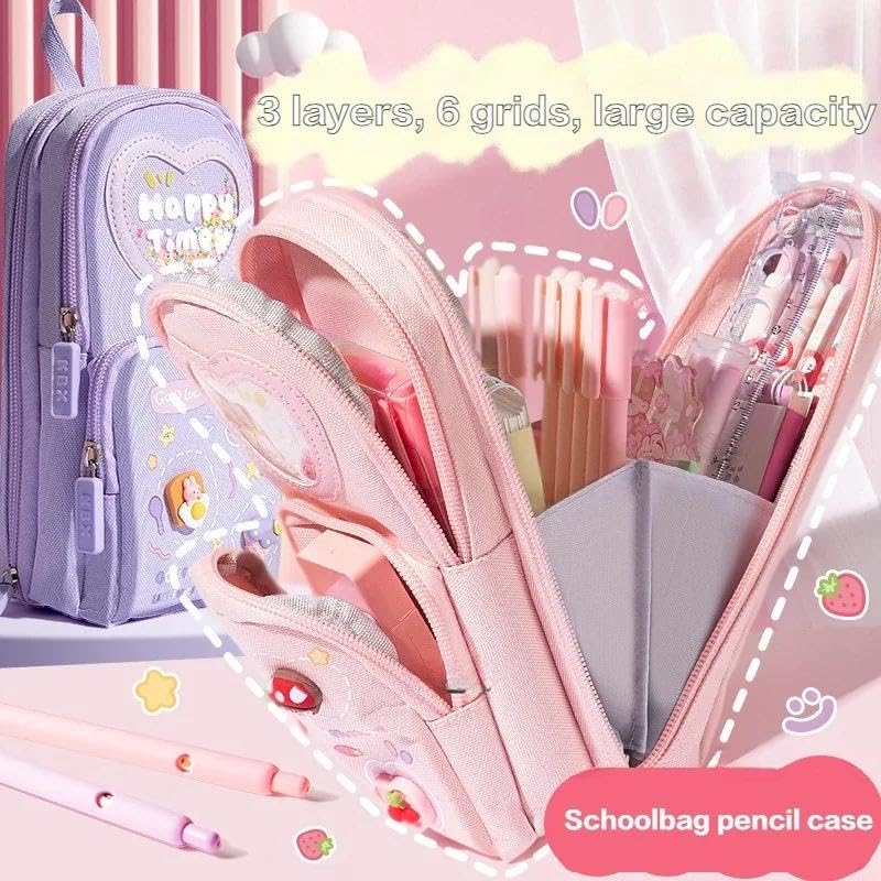 Image of Khasala Brothers Stylish Pencil Case 6 Layer with 3 Compartment Large Capacity Pen Pencil Pouch Multifunctional Pouch for School Kids Stationary Gift for Child (Happy P.Pouch Blue)