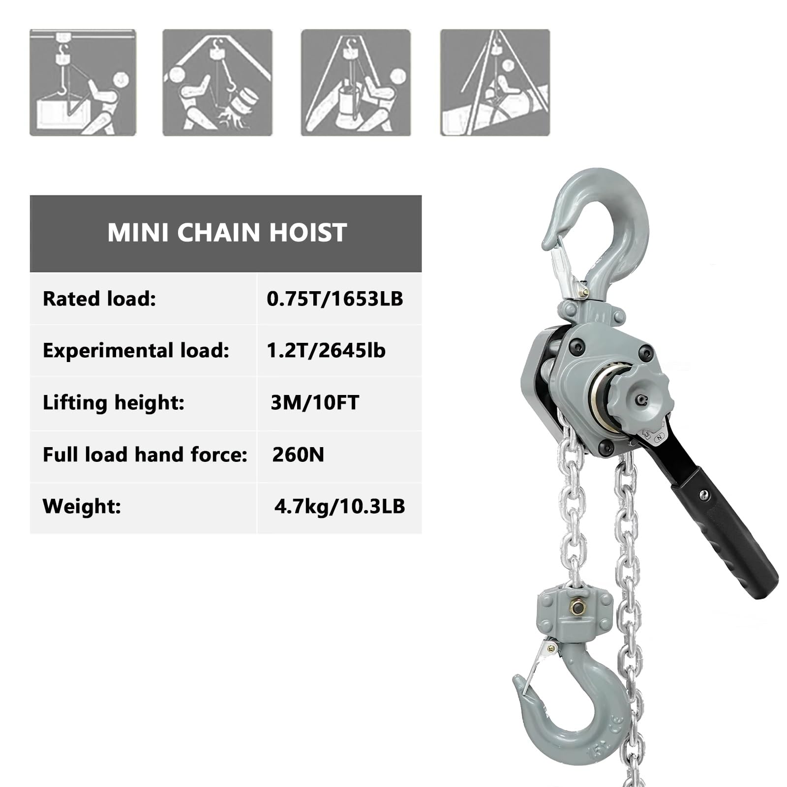 Mini paranco a catena da 3/4 tonnellate - Capacità di 750 kg, sollevamento 3,5 m, estrattore a cricchetto G80 con gancio, paranco manuale portatile a leva per applicazioni pesanti in magazzino e