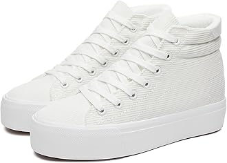 THATXUAOV Womens Corduroy High Top Sneakers,Casual Platform Shoes for Women,Lace up Platform Tennis Shoes(Full White.US8)
