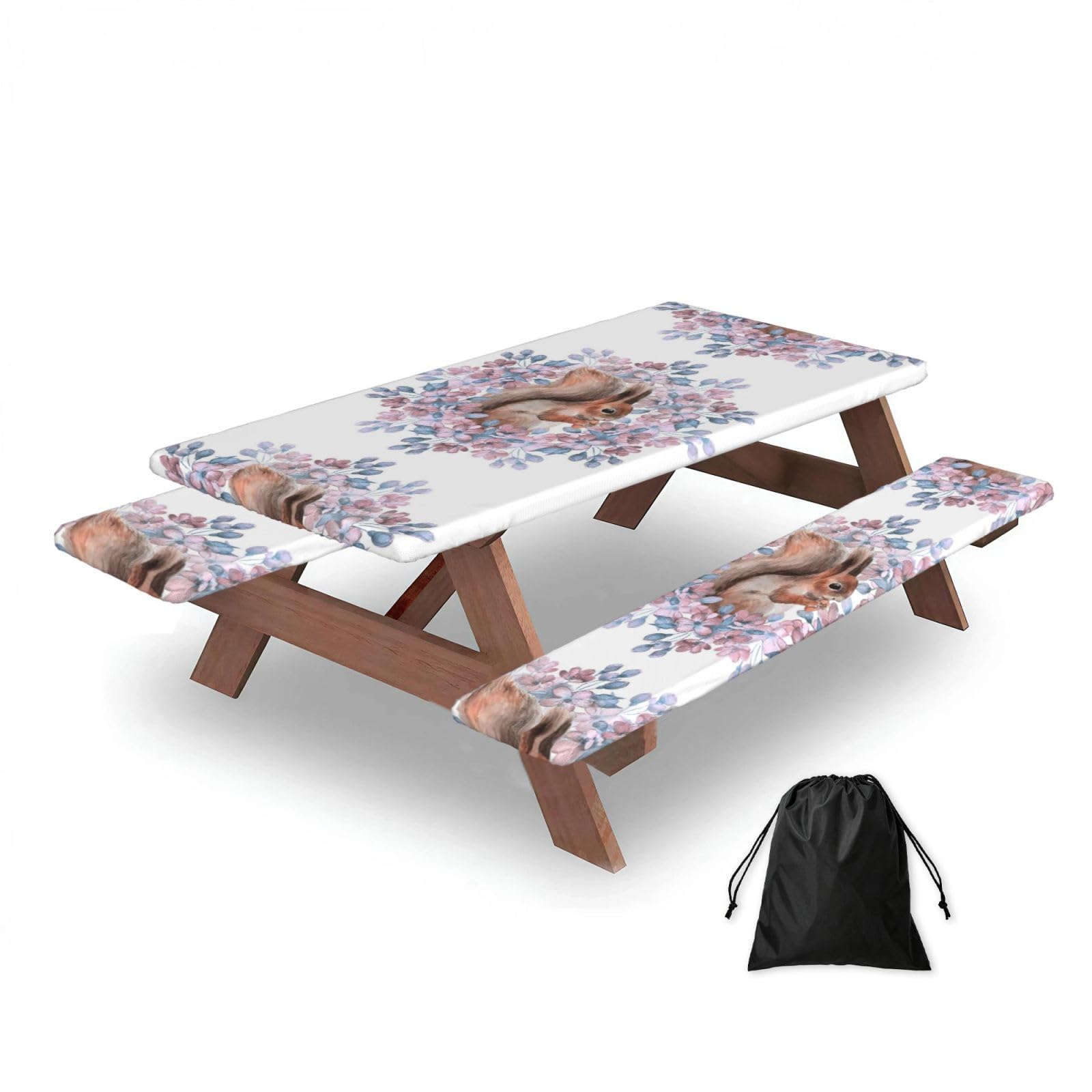 Dopklna As Picture Cartoon Squirrel With Flowers, Picnic Table Cover With Bench Covers -Waterproof Elastic Fitted Tablecloth For Garden Camping Patio 76X152cm