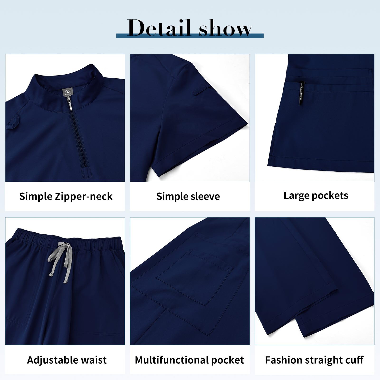 niaahinn Scrub for Women Set- Collar Neck Scrub Top & Yogga Waistband Cargo Pants 4-Way Stretch Scrub Set (Navy,XL)