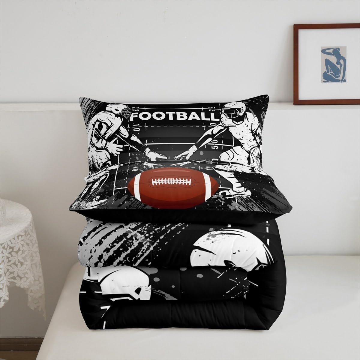 Feelyou Football Comforter Set Queen Size Rugby Bedding Set for Kids Boys Girls Decor Rugby Games Comforter Microfiber Black Brown White Quilt Set Bedroom Bedclothes