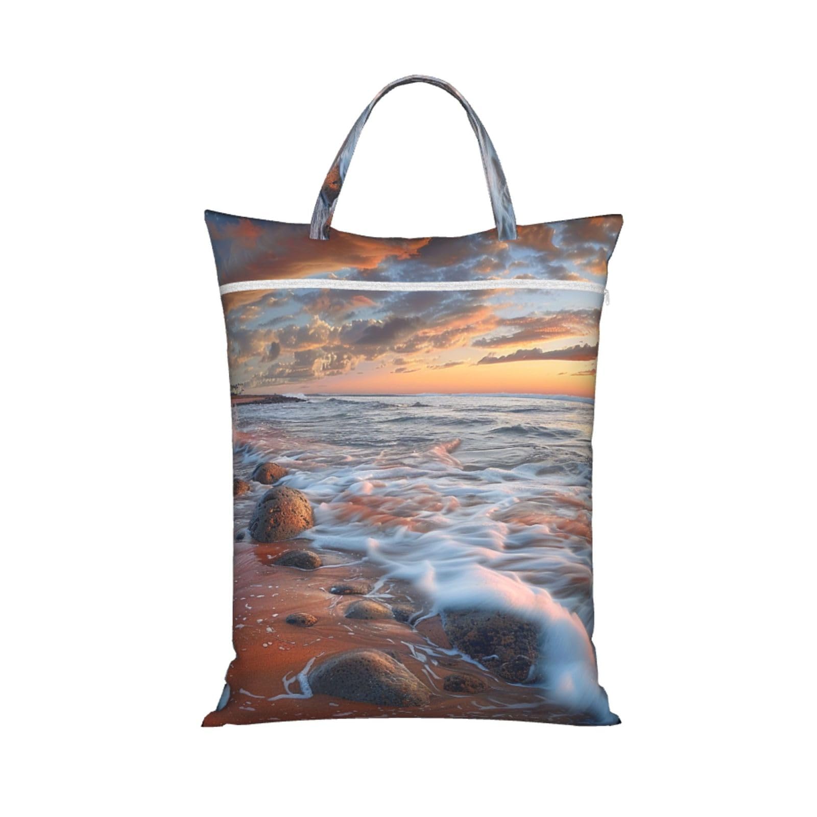 Large Travel Laundry Bags,Beach Maui Hawaii Sunset Sea Waves Clouds Print with Handle Foldable Laundry Bag for Holidays Gym Swimming and Family Trips, 1Pcs