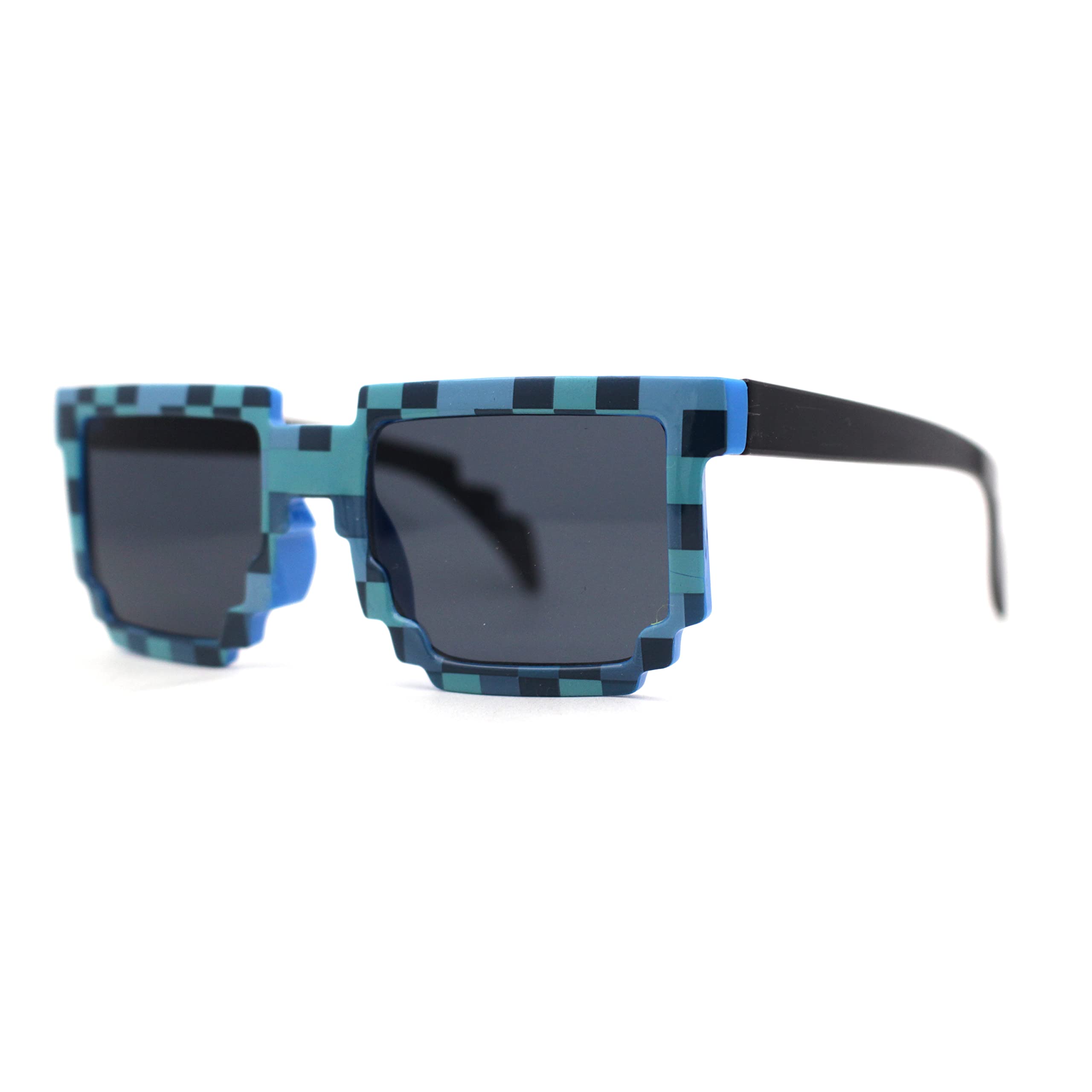 SA106 Boys Kid Size 8-bit Pixel Horn Rim Gamer Plastic Sunglasses Blue Black
