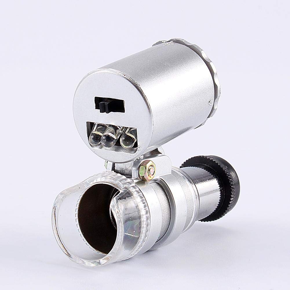 Mini mikroskop metalowy, 60x lupa kieszonkowa szkło lupa z kieszonkowym mikroskopem LED UV do biżuterii diamenty klejnoty monety znaczki