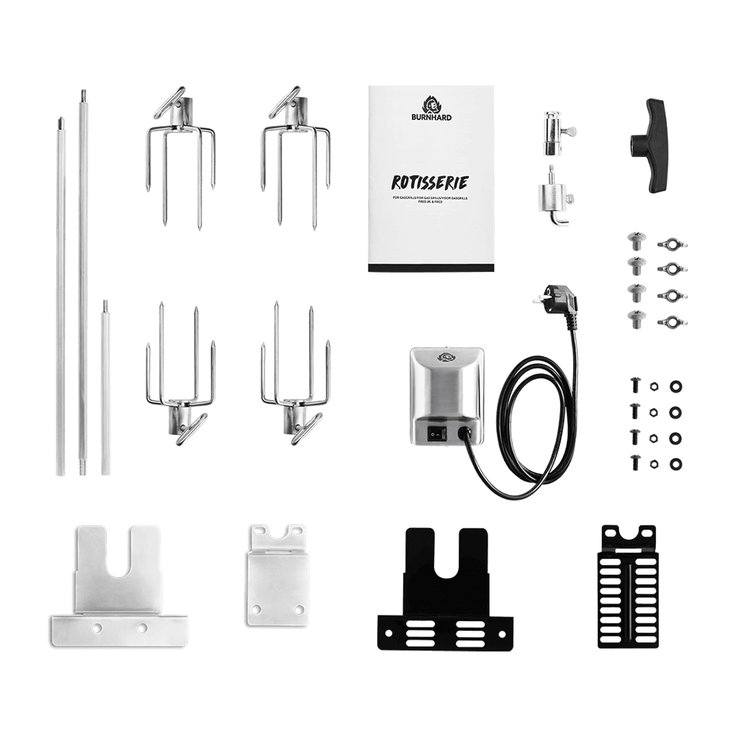 BURNHARD Spiedo Rotante 4 bruciatori Motore Elettrico 4 Watt, forchette in Acciaio Inox, Custodia Motore Resistente agli Spruzzi, Manico Resistente al Calore, contrappeso – Fred Earl