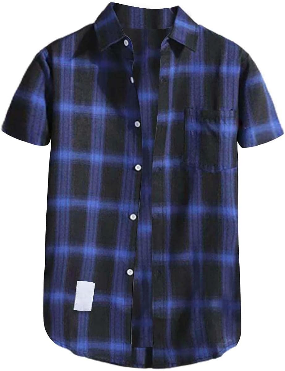 Camisas con botones de manga corta para hombre Camisas con botones casuales de ajuste regular a cuadros de algodón con bolsillo