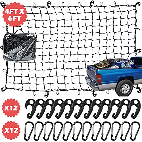 ZUOZE Natural Latex Core Super Duty Cargo Net for Pickup Truck Bed 4 x6  Stretches to 8 x12  | 12 Metal Carabiners + 12 Hooks | Small Tight 4”x4” Mesh Bungee Net for Ford, Dodge, Chevy, Toyota, GMC
