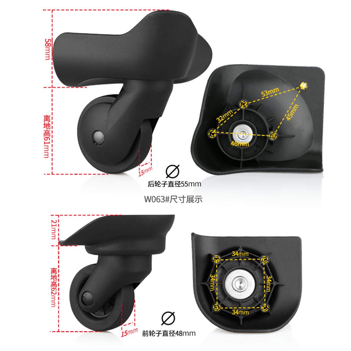 Girevole a 360 gradi Muto Riparazione Sostituzione Ruota for bagagli Ruote for valigie Parti Spinner (W063#)((Set of 2 pair) Front+Back)