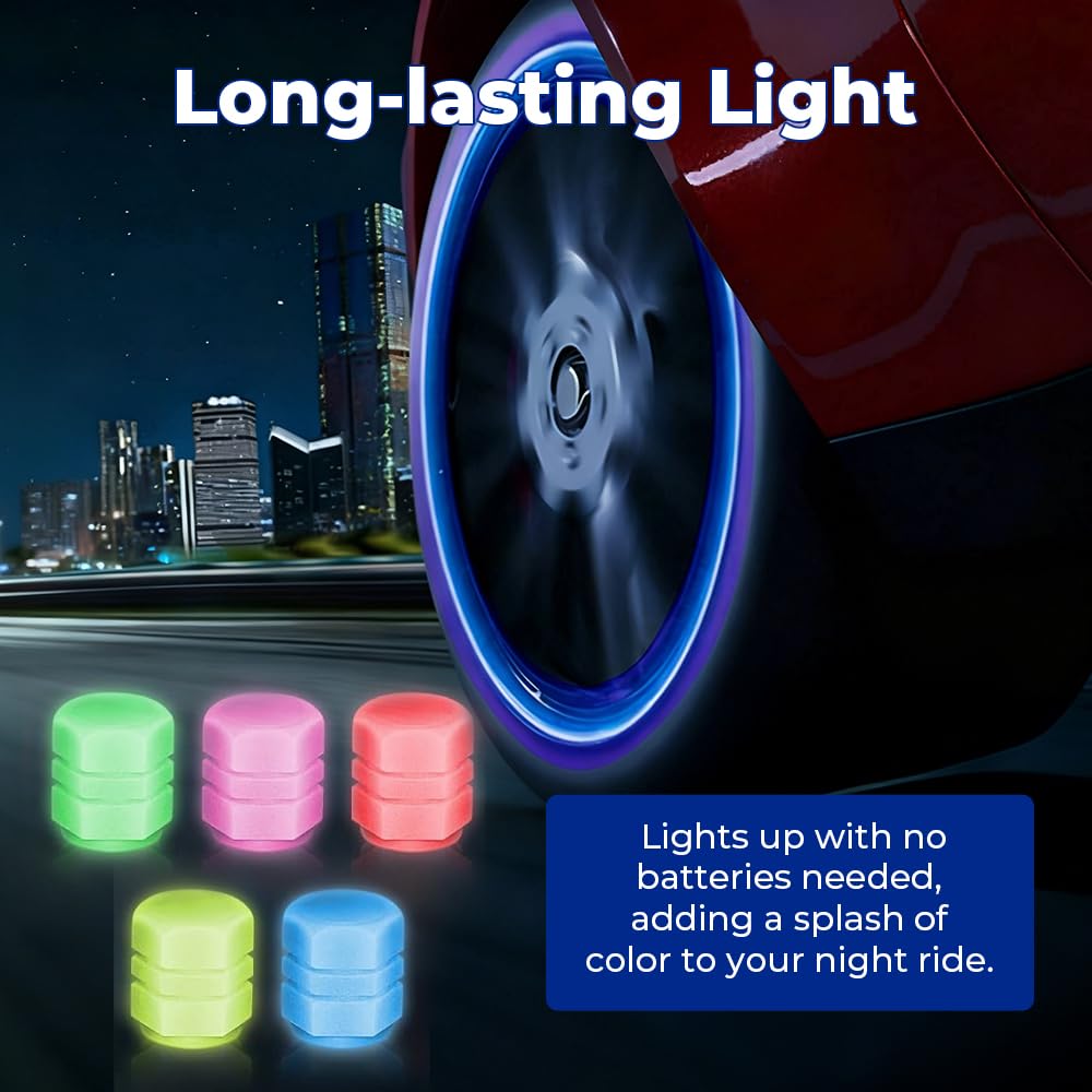 2026 Upgrade Glow in The Dark Tire Valve Caps, Fluorescent Stem Caps Universal for Car SUV Motorcycle Bicycle Truck, Glow Valve Stem Caps Night Visibility Accessories (5 Color-20pcs) - 5