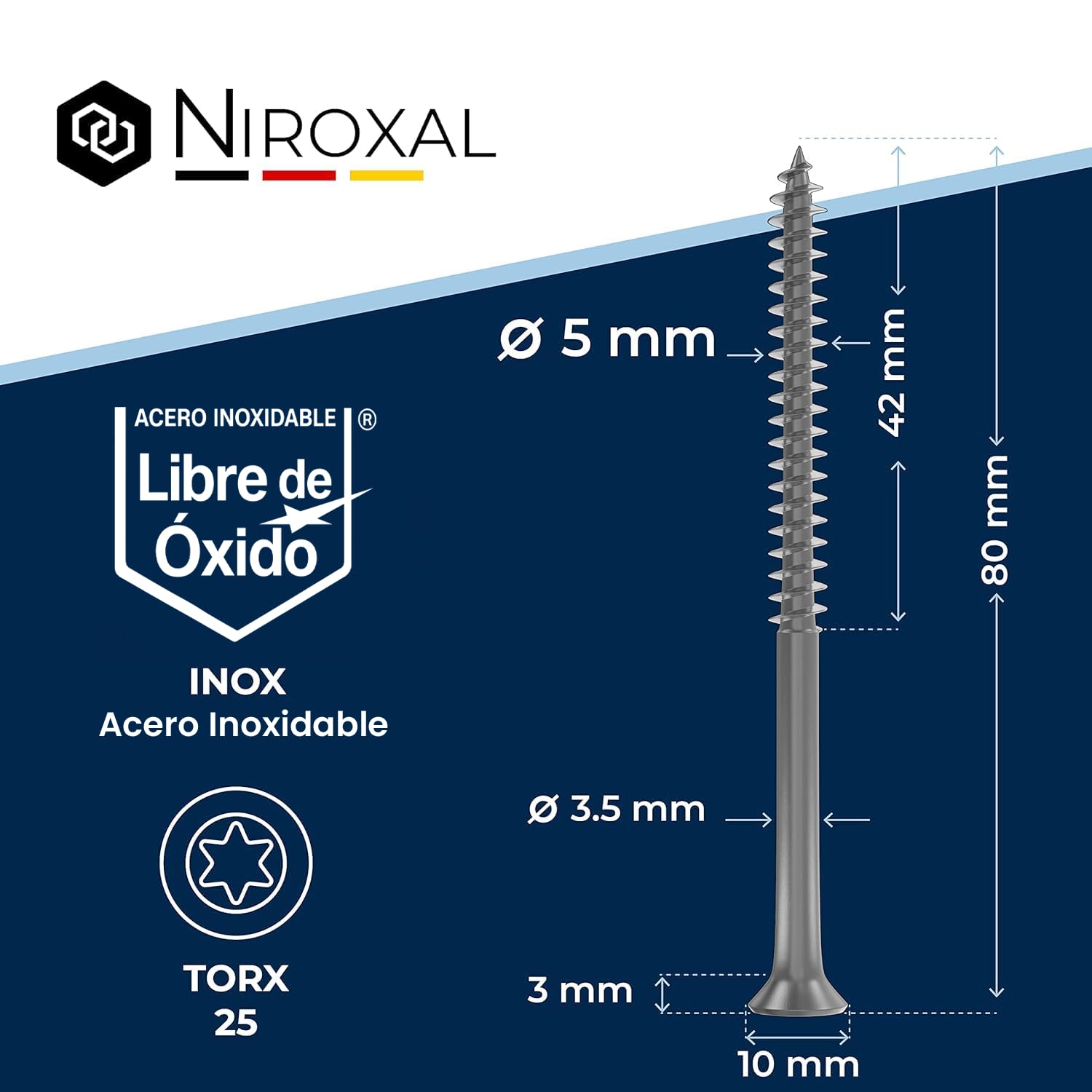 Tornillos para madera de acero inoxidable A2 con cabeza avellanada Torx TX25 – Rosca parcial – 5 x 80 mm – 10 unidades – Tornillos universales para madera