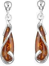 Looped Lozenge Baltic Honey Amber Sterling Silver Dangly/Dangle Drop Earrings for Women/Girls - Unusual Drop Stud Earrings - Amber Jewellery. 080467