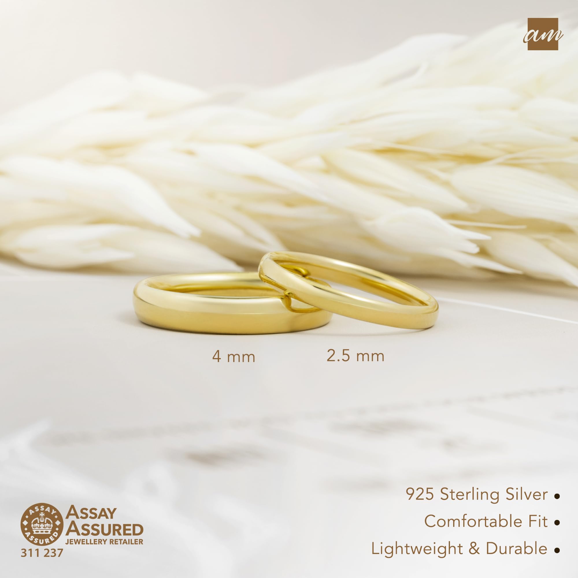 Amberta Alianza Plata de Ley 925 Chapada en Oro | Alianza Boda Oro Pareja | Anillo Boda Oro | Anillo Matrimonio Oro Mujer y Hombre
