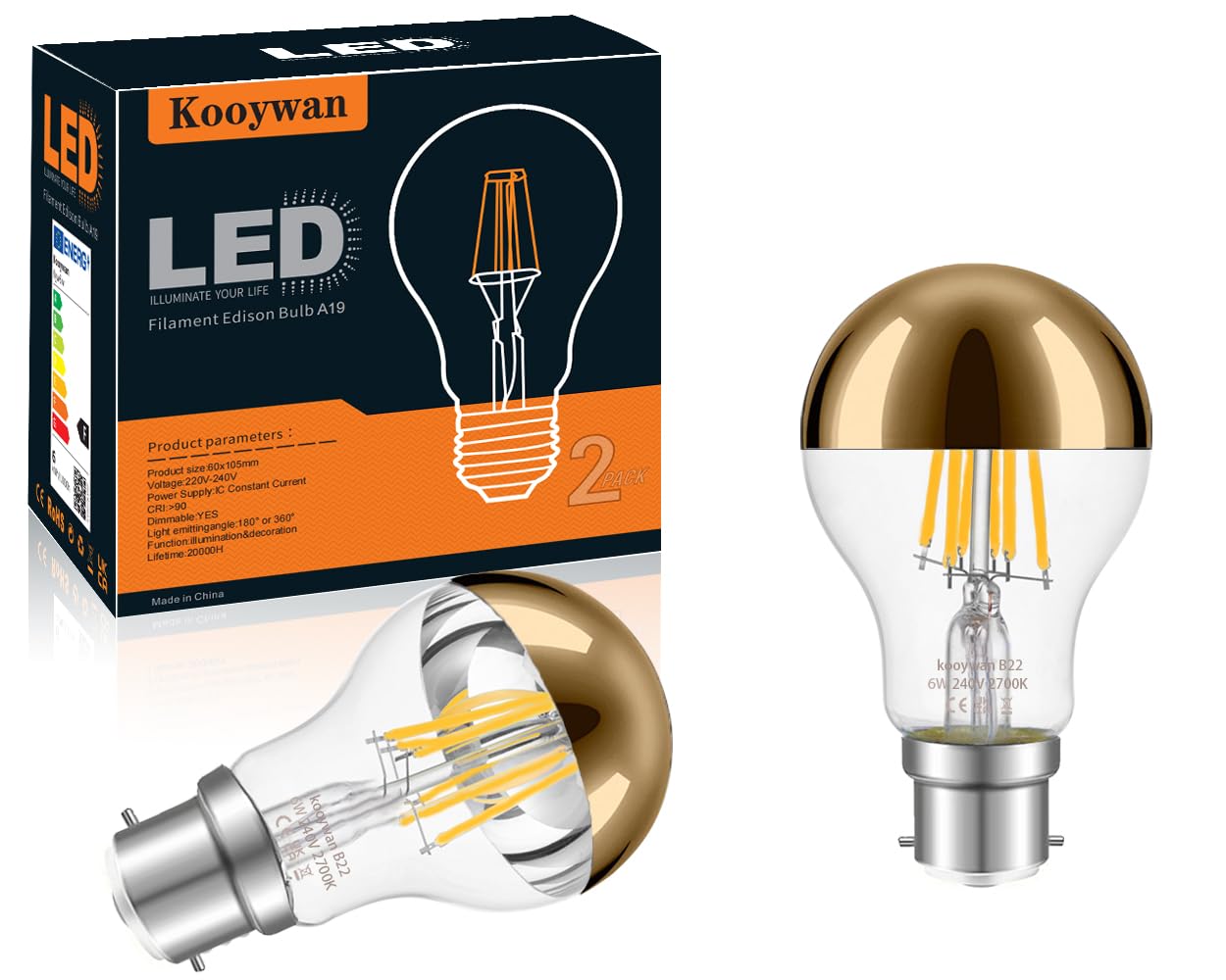 KOOYWAN B22 Bayonet Gold Crown Light Bulb-Dimmable 6W A60 A Shape Decorative Classic LED Edison Bulb Gold Mirror Tipped Reflected Light 2700K Warm White-Pack of 2