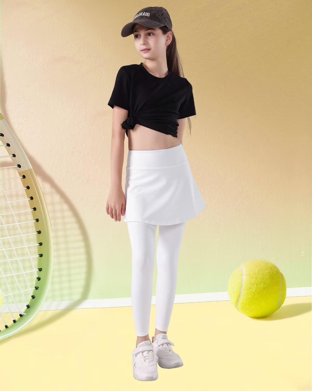 2 in 1 Girls Leggings with Skirt High Waisted Tennis Athletic Flowy Skirted Legging with Pockets for Kid - Image 6