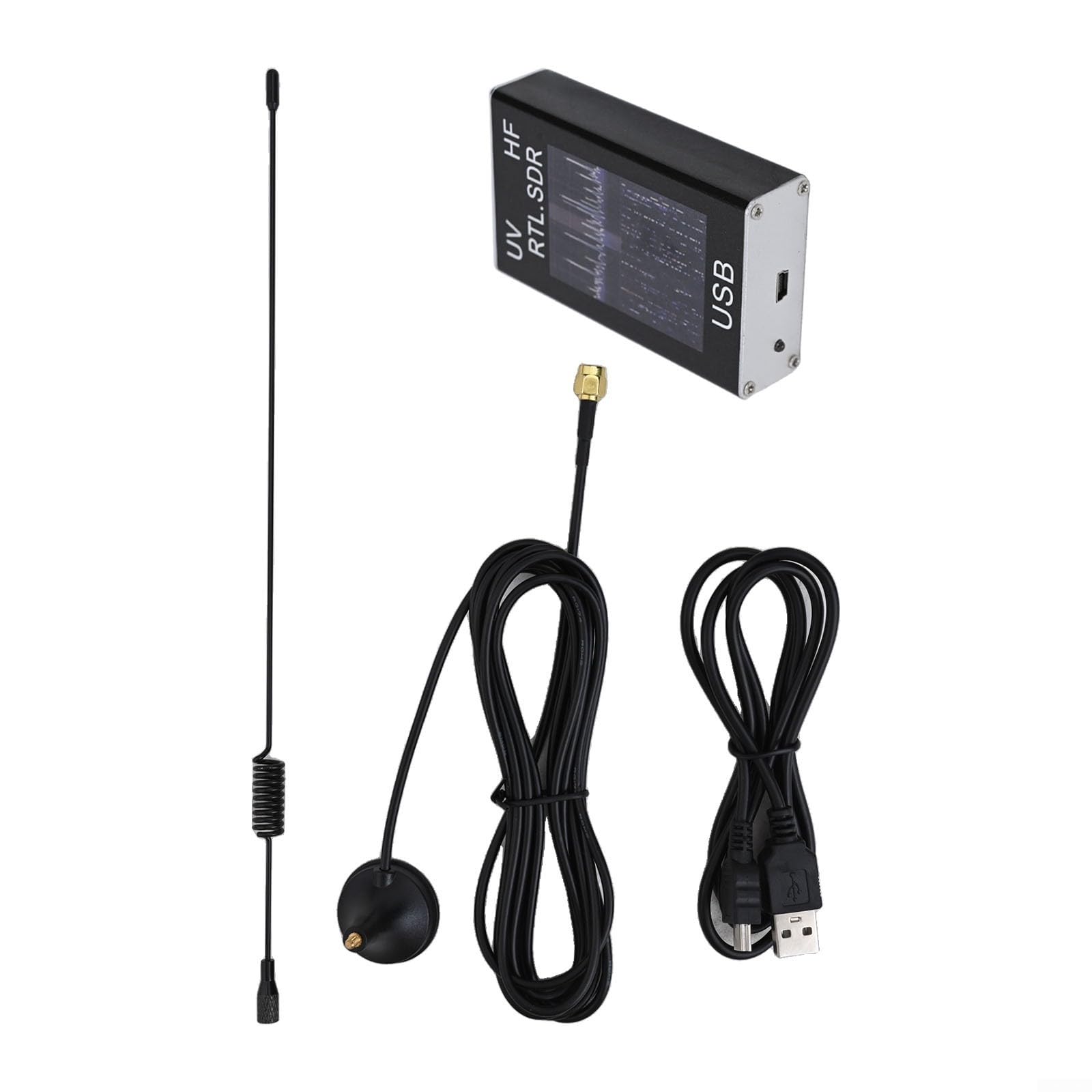 Récepteur tuner USB RTL-SDR 100 kHz 1,7 GHz avec RTL2832U+R820T2, boîtier en aluminium, prend en charge les ondes courtes, VHF/UHF, AM, NFM, FM, SSB, CW avec câble USB et antenne test, argenté