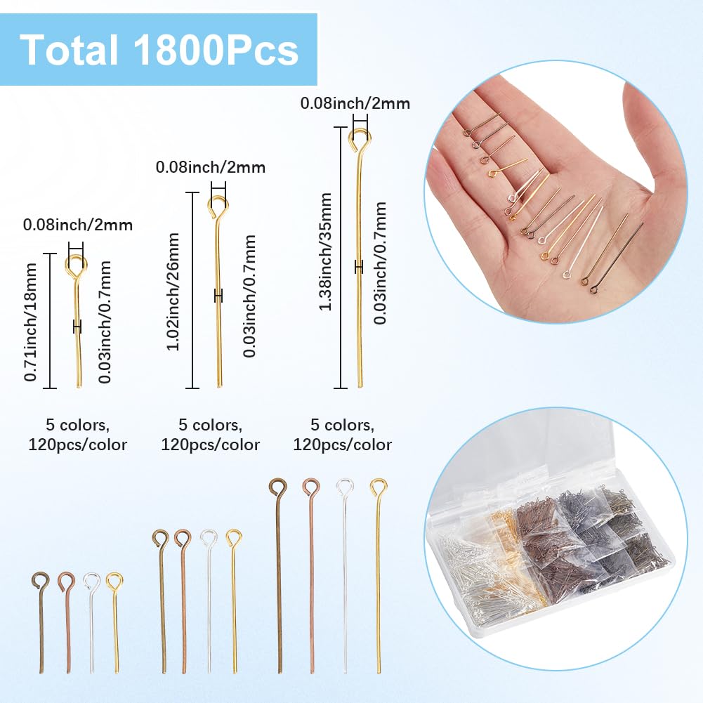 SOFPLATE 1 Box 1800Pcs 18/26/35mm Silver Eye Pins Earring Making Pins Brass Colorful Open Head Iron Long Beading Needles Findings Accessories for Jewelry Making Earrings Charm Bracelets DIY Crafts