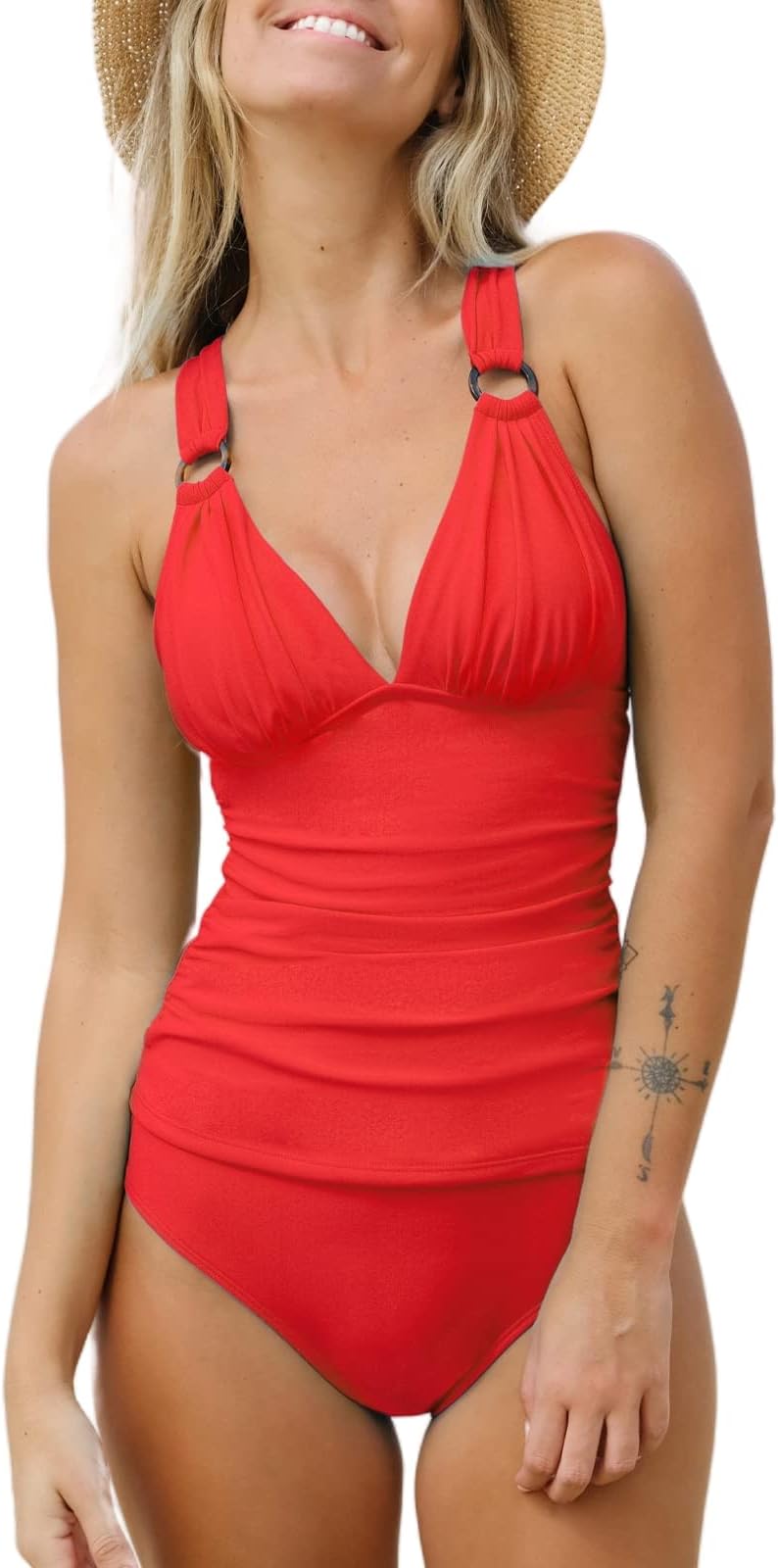 CUPSHETankini Bathing Suit for Women V Neck Ruched Two Piece Swimsuit O-Ring Cross Back Self Tie Mid Rise