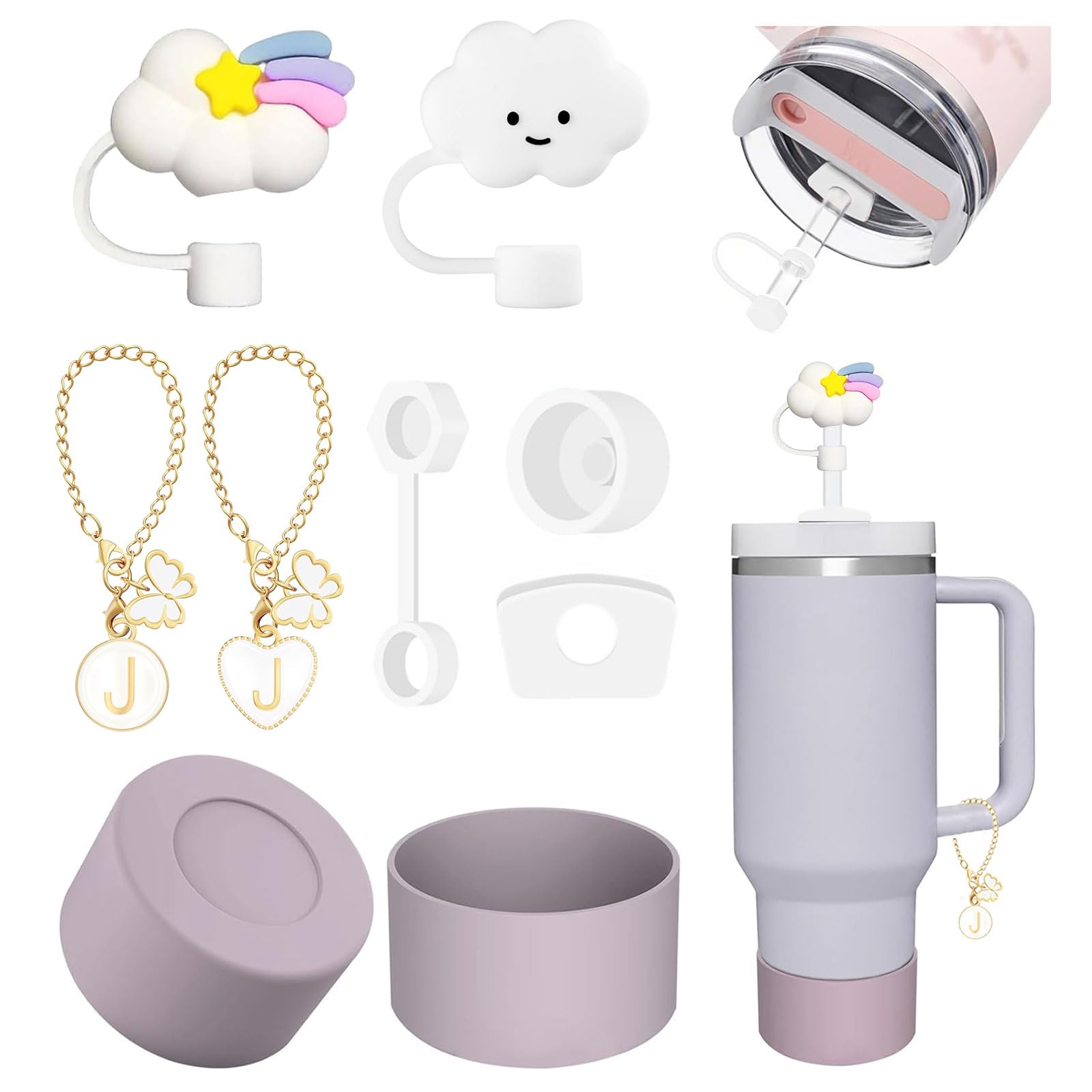 IOXXLStanley Cup Accessories Set Including 3Pcs Spill Proof Stoppers, 2Pcs Cloud Straw Cover Caps for 9-10 mm Straws, 2Pcs Butterfly Letter Charms and 1Pcs Silicone Boot for Stanley 40oz & 30oz (J)