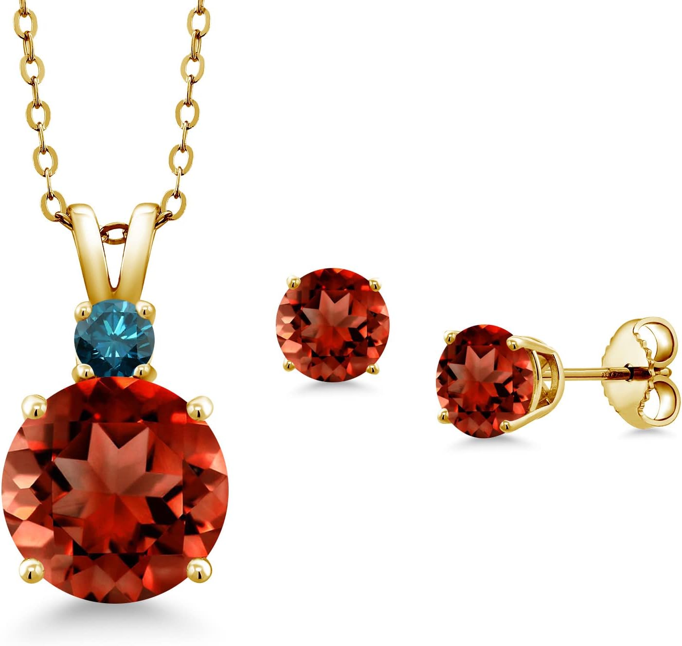 Gem Stone King 18K Yellow Gold Plated Silver Round Red Garnet and Blue Diamond Pendant and Earrings Jewelry Set For Women (5.75 Cttw, Gemstone Birthstone, with 18 Inch Chain)