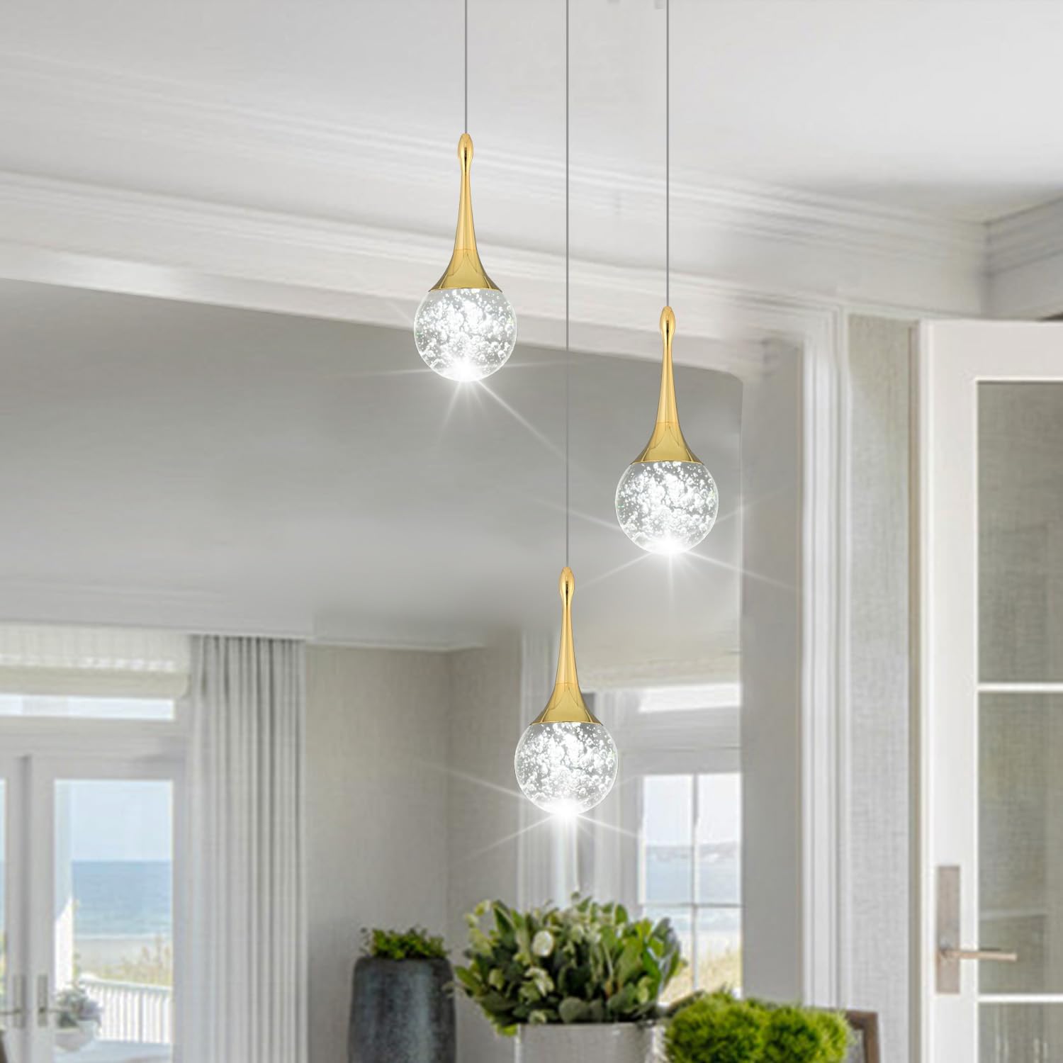 Flashing God 3 Pendant Lights Gold Farmhouse Light Fixtures Kitchen Island Lighting Small Crystal Hanging Chandeliers Modern Ceiling Pendant Light for Dinning Room Bedroom Hallway Bar