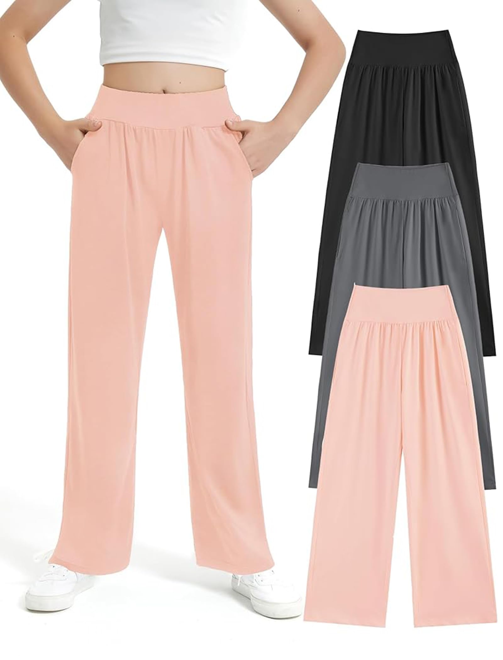EXARUS 3 Pack Girls Wide Leg Pants Baggy/Tapered Loose Casual School
