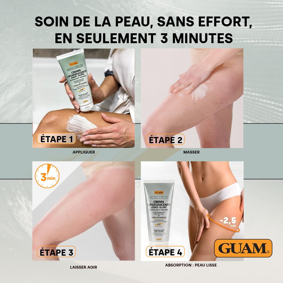GUAM FIR Crème Amincissante Anticellulite Cuisses et Fesses - 200ml Crème Raffermissante à la Tourmaline Effet Chauffant Liporéducteur - Estompe l’Aspect de Cellulite, Favorise Fermeté et Élasticité
