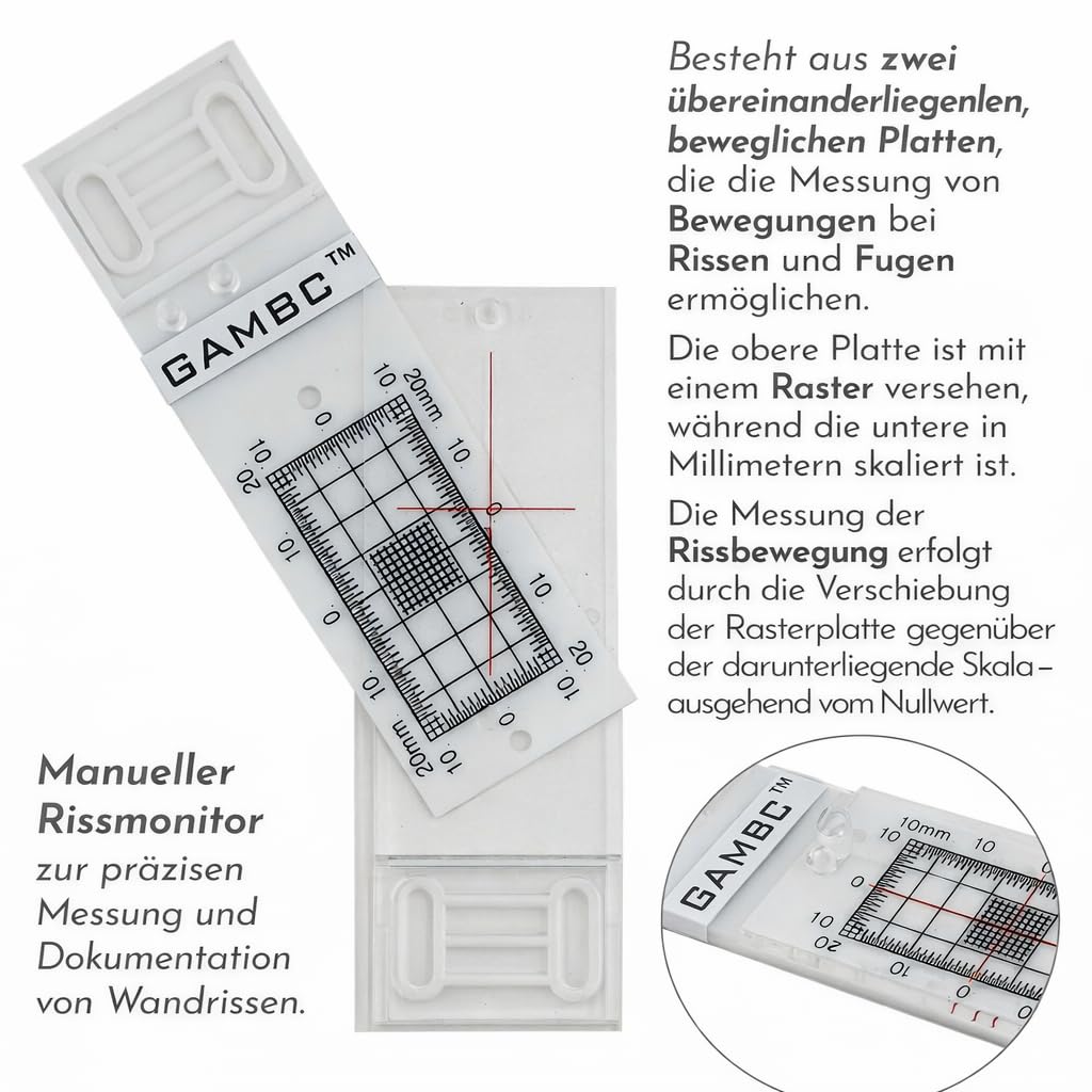 3 Stück - GAMBC® Manuelles Mauerrissmessgerät - Rissüberwachungsprotokoll - Rissmonitor zum Messen und Aufzeichnen von Läsionen und Rissen in flachen Mauerwerksoberflächen